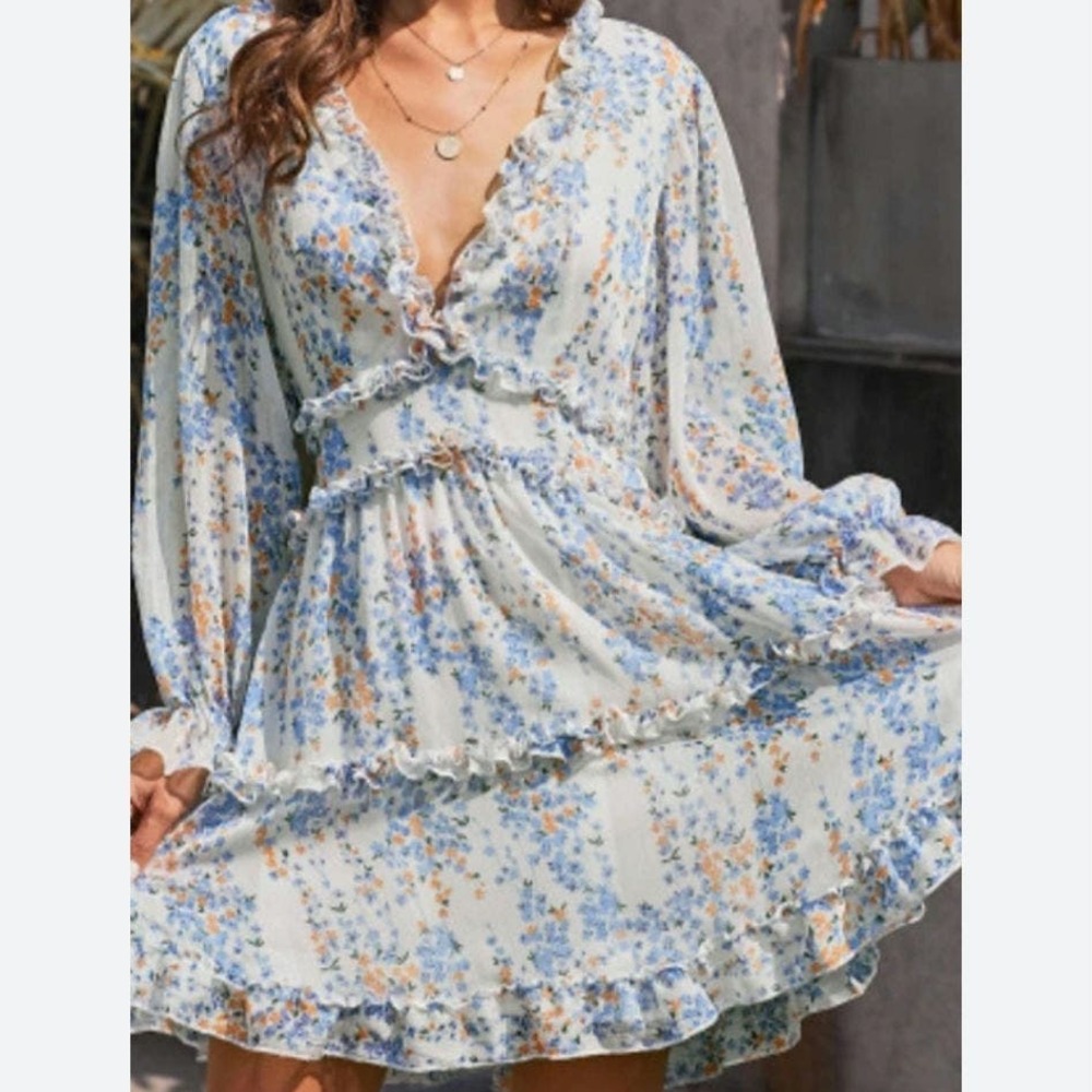 White and blue floral tired dress with ruffle and keyhold back